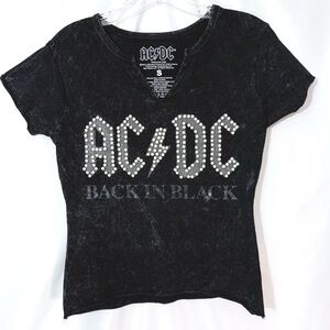AC/DC “Back In Black” Graphic T-Shirt W/ Stone Wash & Pearl Like Embellishment
